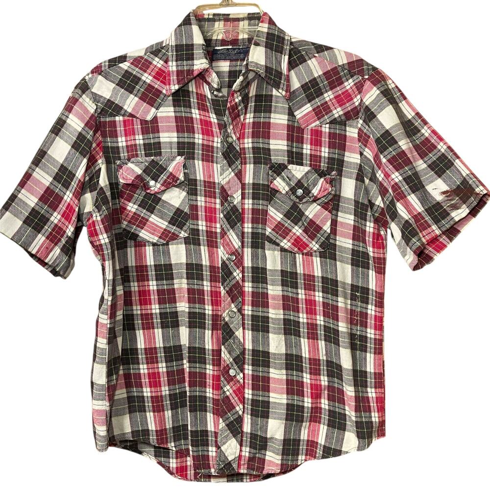 Vintage Lariat Plaid Pearl Snap Shirt Western Short Sleeve Cotton Shirt Men’s M